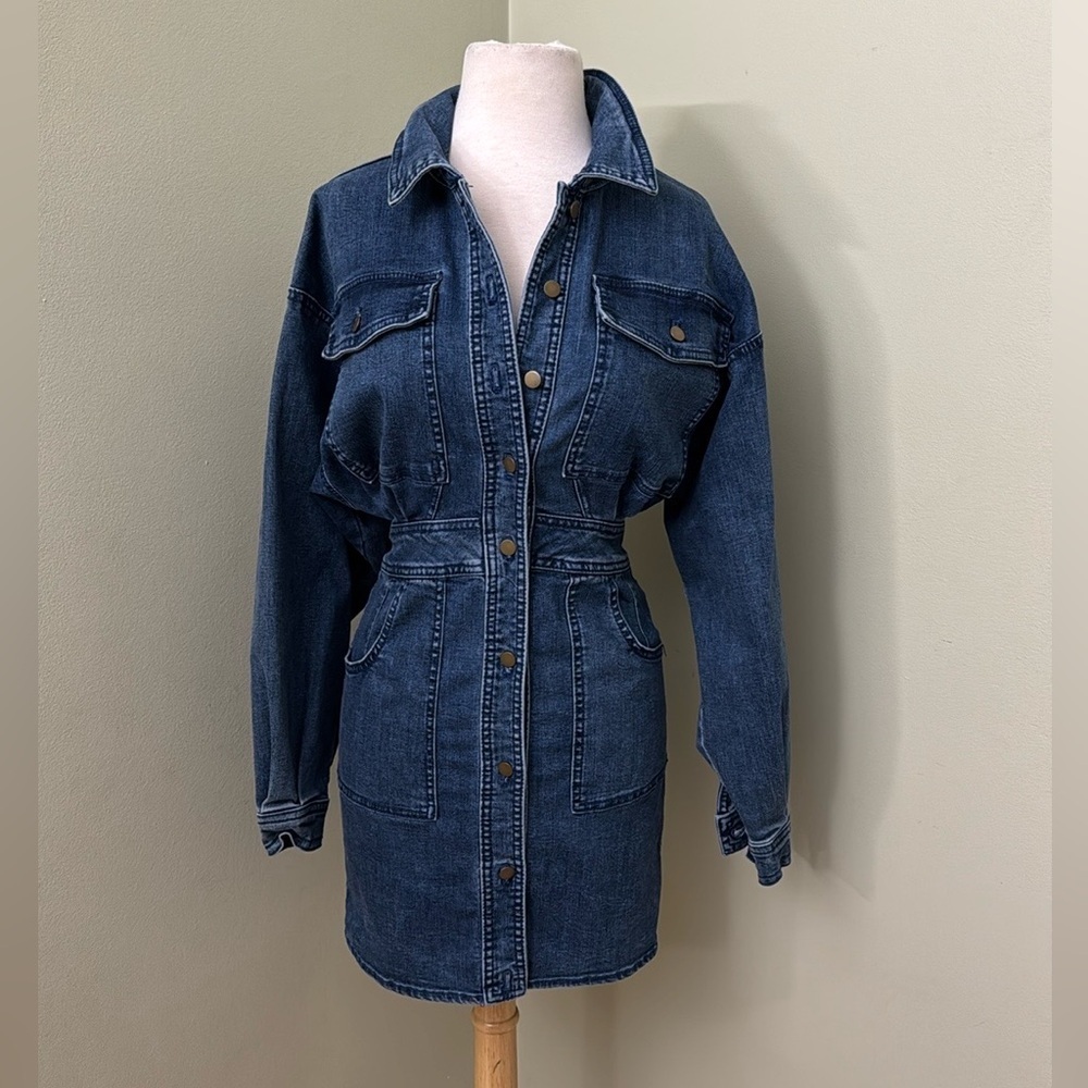 💕- Free People Dark Wash Denim Long Sleeve Botton-Front Mini Dress  size XS